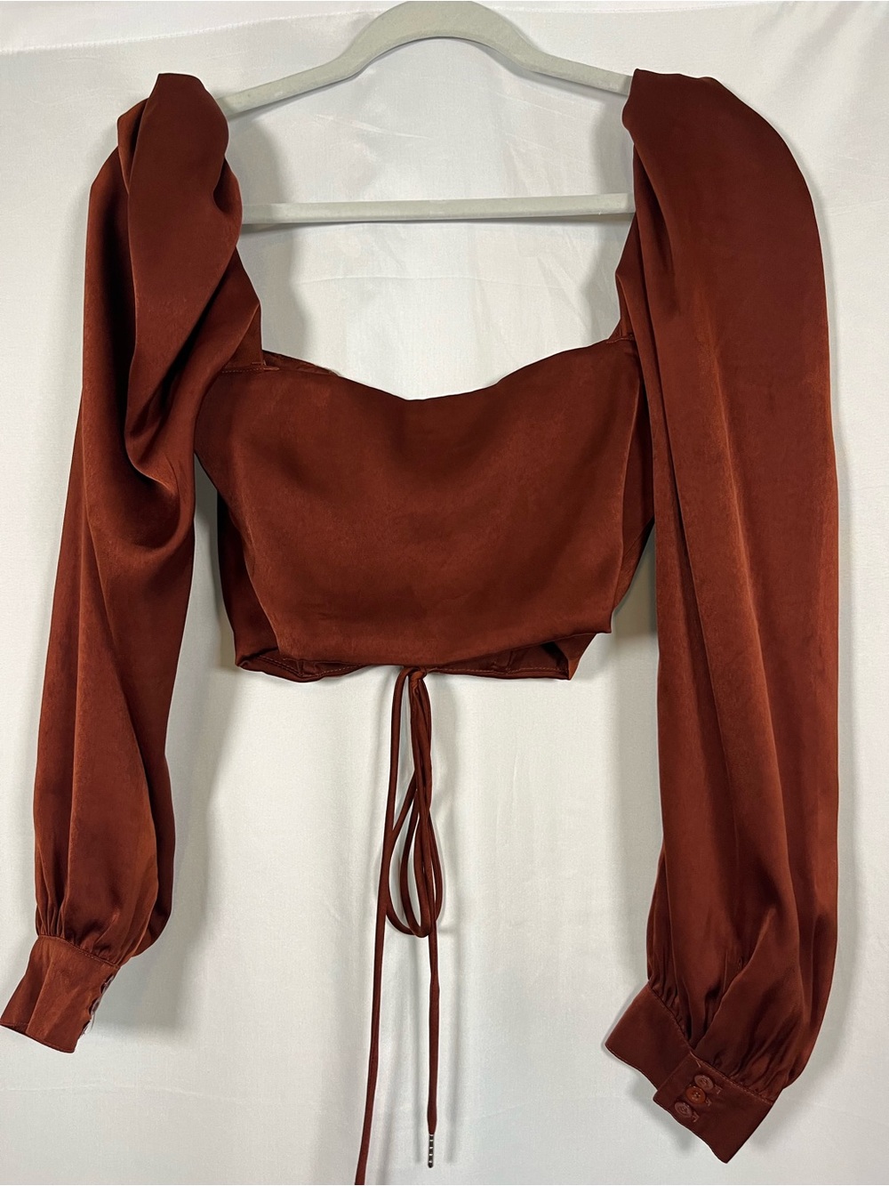Mable rust satin corset lace up puff sleeve crop top sz s sexy night out - Picture 6 of 7